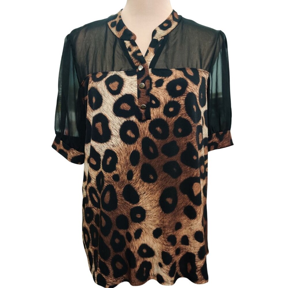 Adele & May Womens Blouse Leopard Print Sheer Black Pleated Short Sleeve Sz XL